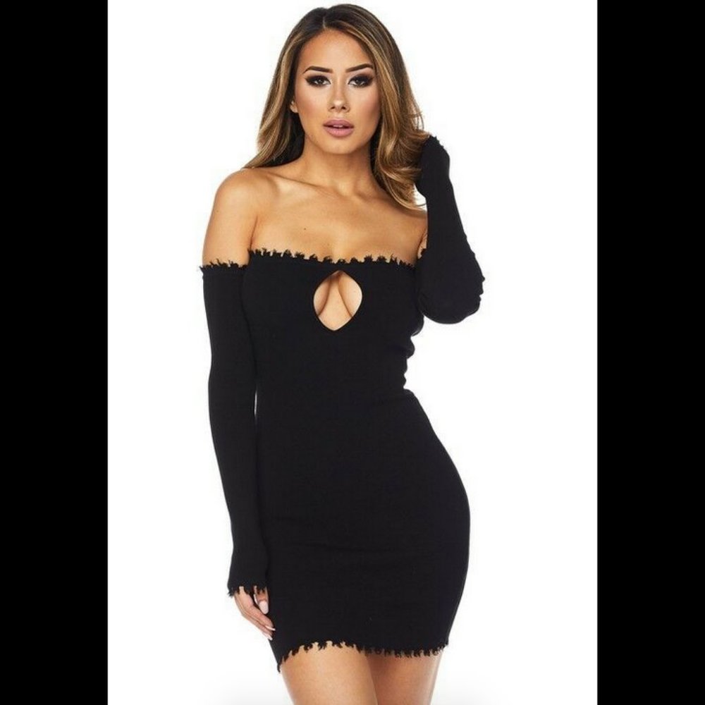 Black Off Shoulder Long Sleeve Knit Mini Dress